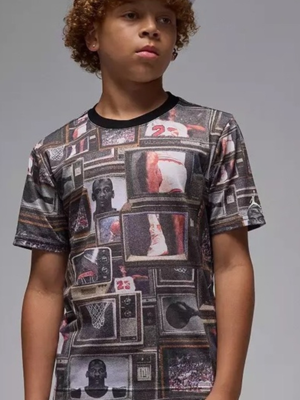 Jordan Boys All-Over Graphic Tee in Black and Gray with Red Accents